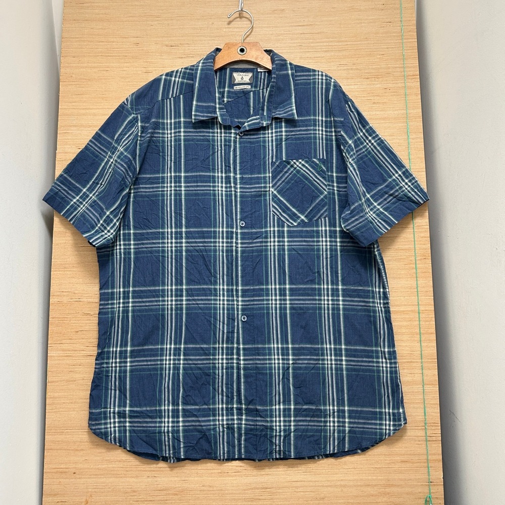 Volcom Mens XXL Short Sleeve Plaid Button Down Shirt Blue Green Classic Fit